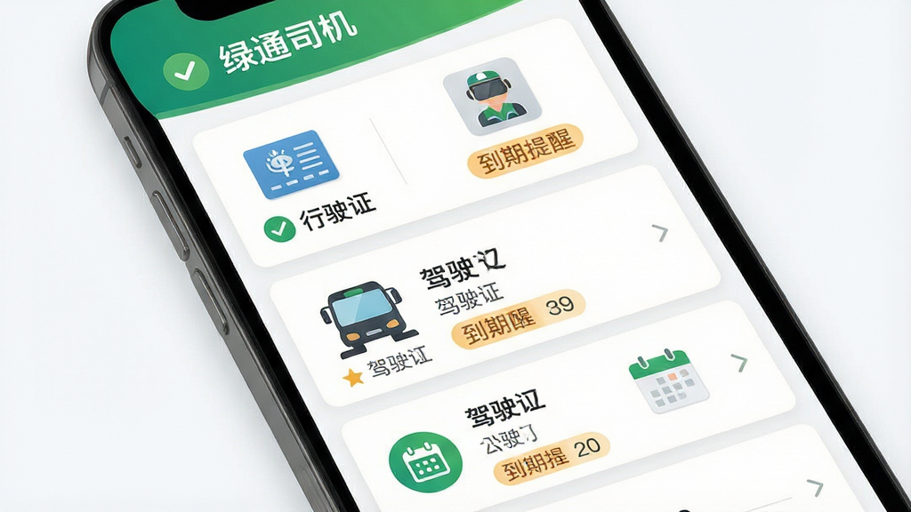 一张展示绿通司机证件管理界面的插图。主体为手机屏幕,显示证件卡片式列表,包含行驶证、驾驶证等图标与到期提醒标签。布局为网格排版,风格清新商务,细节包含绿色对勾与日历图标,画质高清干净,画面中文字需包含“绿通司机”,无多余元素。