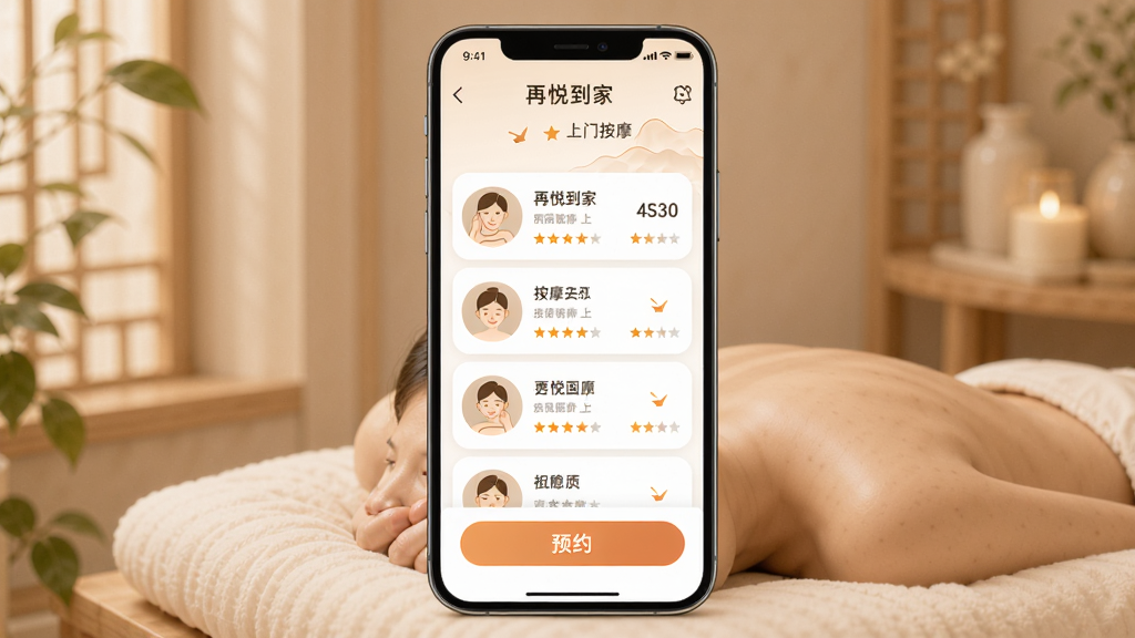 再悦到家上门按摩软件界面展示,主体为手机屏幕显示按摩师列表和预约按钮,布局采用居中对称排版,风格现代简约清新,细节包含中式推拿图标和星级评分,画质高清干净无多余元素,整体色调柔和温暖