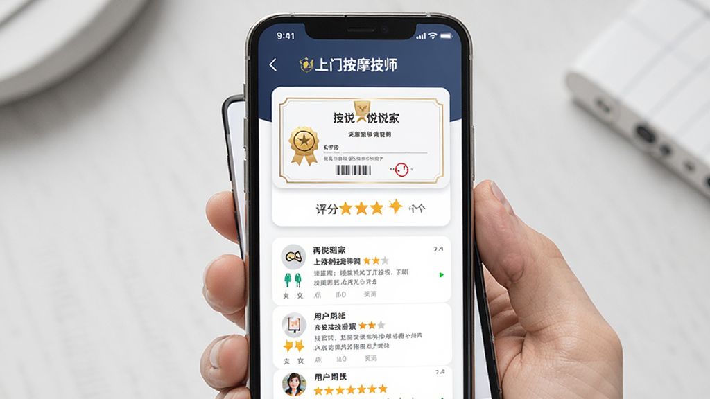 再悦到家上门按摩技师认证页面,主体为手机屏幕显示技师证书和评分,布局采用卡片式列表排版,风格商务专业,细节包含认证徽章和用户评价,画质清晰干净无多余元素