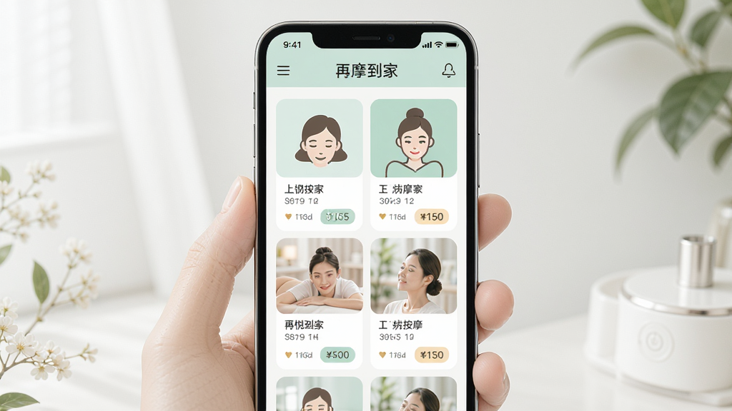 再悦到家上门按摩服务项目选择界面,主体为手机屏幕展示多种按摩套餐,布局采用网格排列排版,风格清新柔和,细节包含项目图标和价格标签,画质高清干净无多余元素