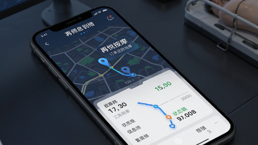 再悦到家上门按摩订单追踪地图界面,主体为手机屏幕显示技师位置和路线,布局采用地图加信息卡片排版,风格现代科技感,细节包含时间轴和状态提示,画质清晰干净无多余元素