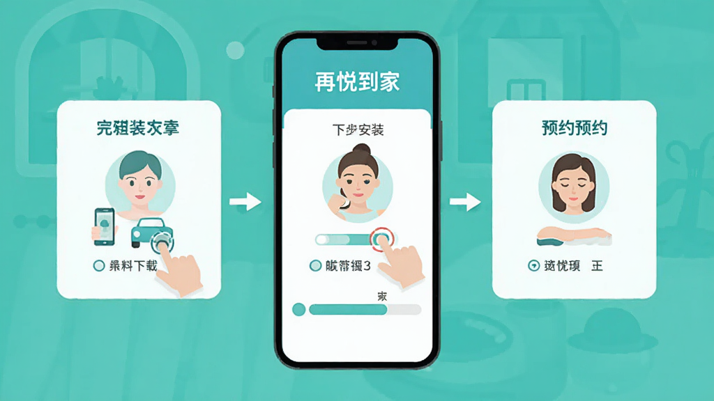 再悦到家上门按摩手机操作步骤示意图,主体为手机屏幕展示下载安装和预约流程,布局采用分步引导排版,风格扁平化清晰,细节包含手指点击图标和进度条,画质干净无多余元素