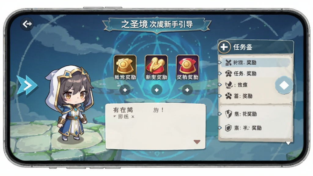 主体为光之圣境放置次元新手引导界面,布局为竖版手机屏幕截图,包含箭头指引与对话框,风格为二次元教程风格,细节包含Q版角色、奖励图标、任务列表,画质高清,干净,无多余元素。