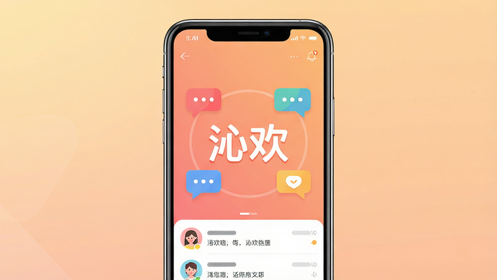画面主体为一款竖屏智能手机,屏幕中显示沁欢应用的主界面,界面中央有醒目的“沁欢”文字标识,周围环绕着代表聊天与交友的气泡图标;布局采用居中构图,手机置于画面正中央;排版简洁清晰,背景为柔和的暖色调渐变;风格为现代扁平化UI展示风格;细节上手机边缘有轻微反光,界面内可见头像与消息列表元素;画质为高清2K,干净无多余元素