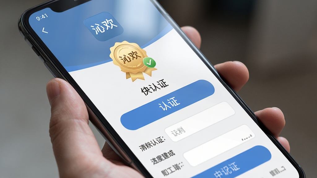 画面主体为一只手拿着智能手机,屏幕上显示沁欢的个人资料认证页面,页面中带有“沁欢”文字标识与认证徽章图标;布局采用斜侧视角特写;排版突出认证按钮与资料填写区域;风格为写实摄影与UI合成;细节上手指自然握持,屏幕有轻微环境光反射;画质为高清4K,干净无多余元素