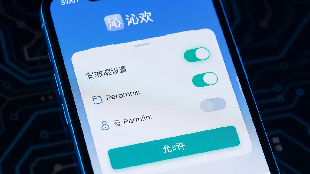 画面主体为手机屏幕显示沁欢的安装权限设置界面,界面中有“沁欢”文字标识与权限开关按钮;布局为正面特写;排版突出权限列表与允许按钮;风格为科技感UI展示风格;细节上屏幕有轻微蓝光,背景为深色;画质为高清2K,干净无多余元素
