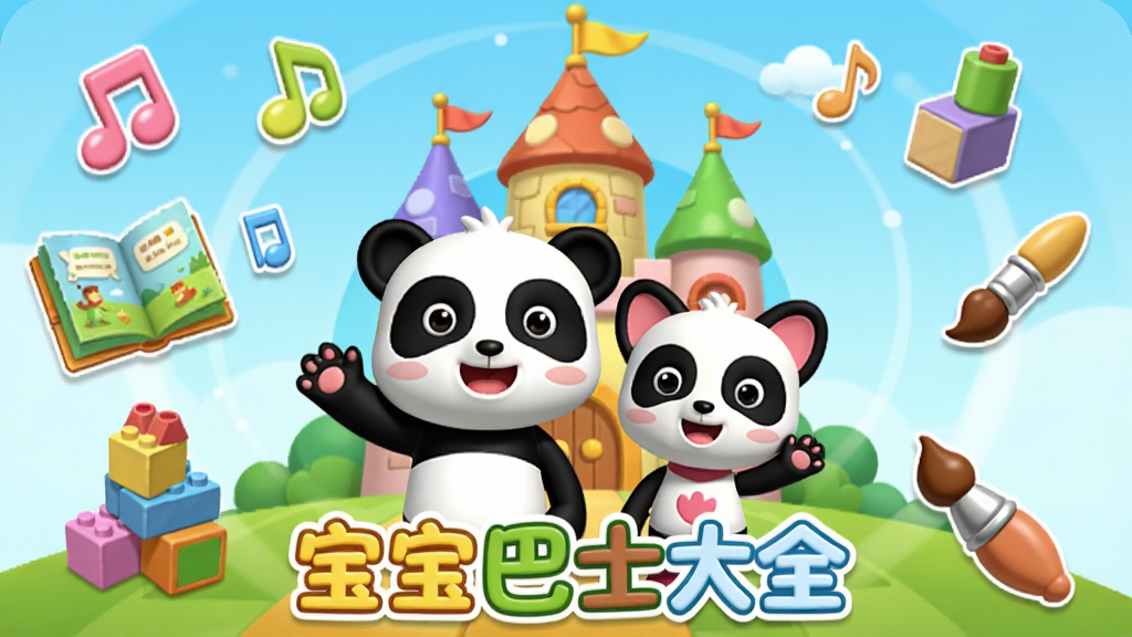 宝宝巴士大全儿童启蒙教育软件主界面,画面中心是可爱的熊猫奇奇和妙妙在彩色城堡前挥手,周围环绕着儿歌音符、故事书、积木、画笔等早教元素,布局采用中心发散式构图,排版清晰有序,风格为明亮活泼的卡通3D风格,细节丰富,色彩鲜艳柔和,画质高清,干净无多余元素,图片中文字标注