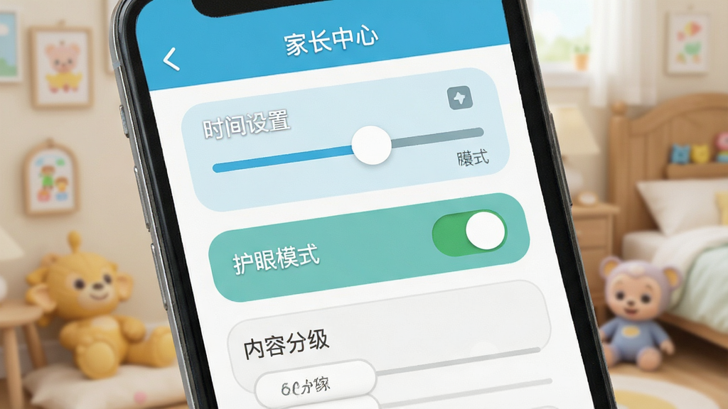 宝宝巴士大全家长中心设置界面,画面展示手机屏幕上的家长控制面板,包含时间设置滑块、护眼模式开关、内容分级选项等元素,布局为单屏垂直排列,排版简洁明了,风格为现代扁平化UI设计,细节清晰,画质干净,无多余元素,图片中文字标注