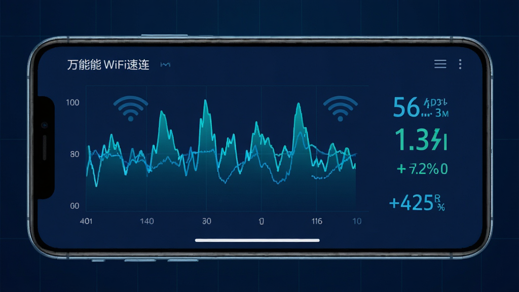 万能WiFi速连信号监测界面图,画面展示一部手机横屏放置,屏幕上显示实时信号波形图和强度数值,背景有淡淡的网格线,整体风格偏向数据可视化,配色为深蓝与青色,布局清晰,画质干净,无多余元素