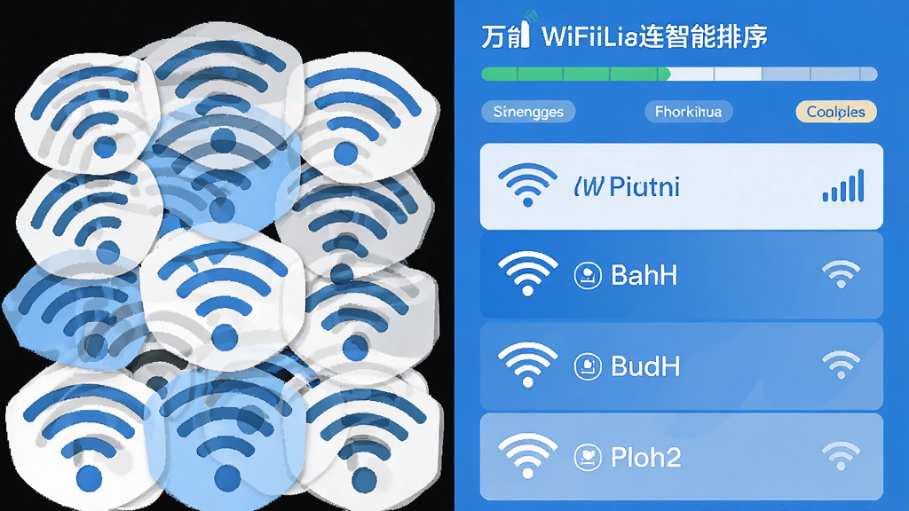 一幅展示万能WiFi速连智能排序功能的场景图,画面左侧是杂乱的WiFi信号图标堆叠,右侧是经过万能WiFi速连整理后整齐排列的热点列表,顶部有信号强度进度条和推荐标签,整体采用蓝白配色,风格扁平化,布局左右对比清晰,画质干净,无多余元素