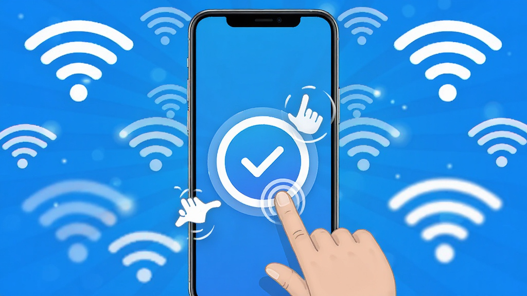 万能WiFi速连一键连接功能展示图,画面中央是一部手机,屏幕上有一个醒目的圆形连接按钮,按钮周围有手指点击的动画效果,背景是多个WiFi信号图标,整体风格活泼明快,色彩以蓝色和白色为主,布局居中对称,画质清晰,无多余元素