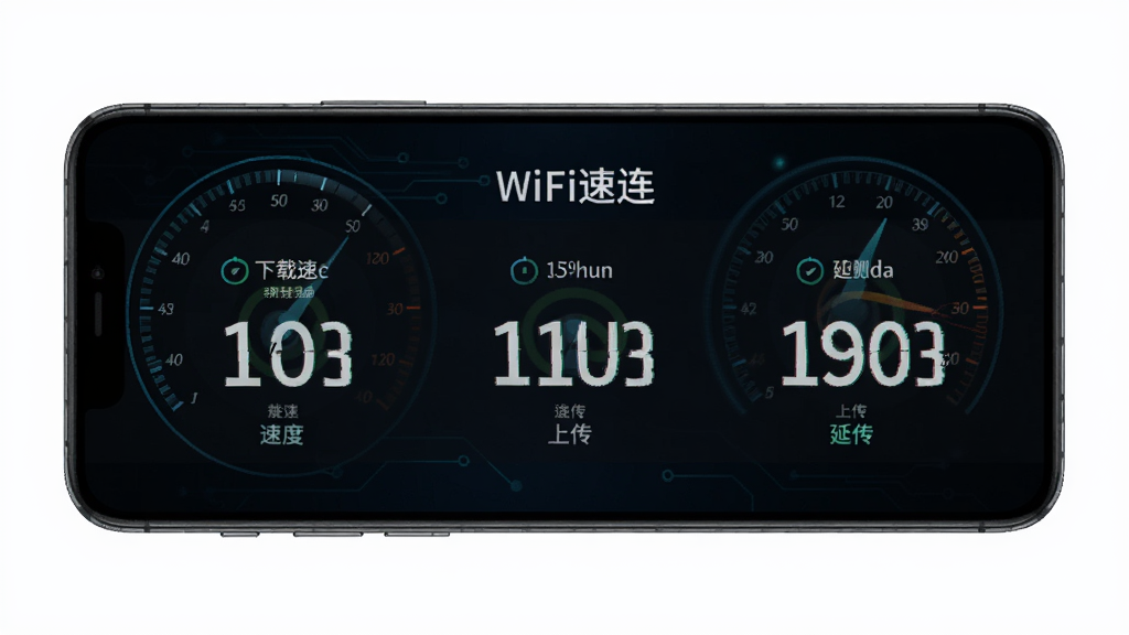 万能WiFi速连网络测速功能示意图,画面中一部手机显示测速结果页面,包含下载速度、上传速度和延迟三项数据,数字大而清晰,背景为深色科技风格,带有速度仪表盘元素,整体布局规整,画质干净,无多余元素