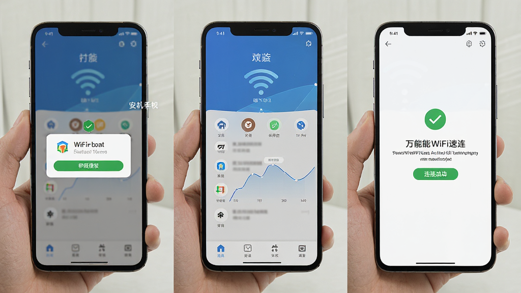 万能WiFi速连安卓手机操作示意图,画面展示一部手机从安装到打开软件的流程,包含权限弹窗、主界面和连接成功提示三个画面,背景简洁,风格写实,布局为三屏并排,画质清晰,无多余元素