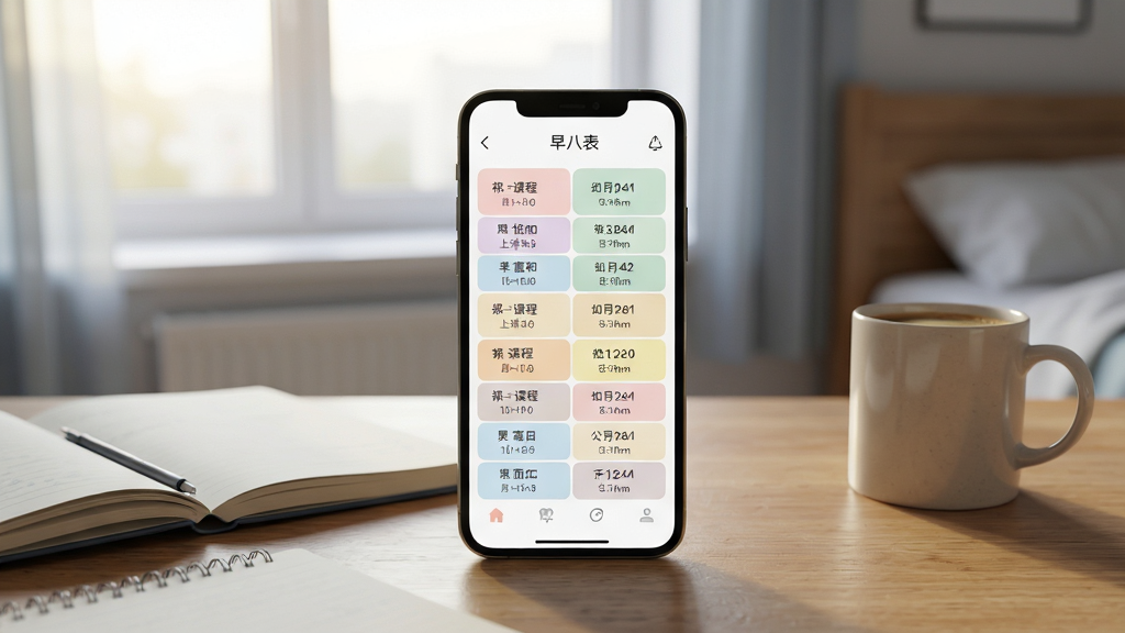 一张手机屏幕展示早八课程表应用主界面的场景图。画面中央是一部竖屏智能手机,屏幕内显示着色彩柔和的周课程表格,表格中清晰标注着课程名称、上课时间和教室编号。手机放置在木质书桌上,旁边散落着一本笔记本和一杯咖啡。背景是清晨宿舍的窗户,透进淡淡的晨光。整体风格清新简约,画质高清,细节干净,无多余元素。
