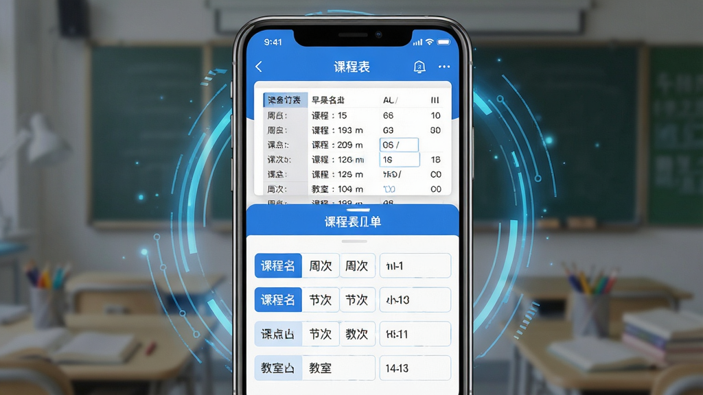 一张展示早八课程表图片识别功能的界面截图风格图片。画面主体为手机屏幕,屏幕上半部分显示一张带有课程信息的截图,下半部分显示识别后自动填充的课程表单,表单字段包括课程名、周次、节次、教室。界面配色以蓝色和白色为主,风格简洁明快。手机周围有淡淡的科技感光效,突出智能识别主题。画质清晰,布局规整,无杂乱元素。