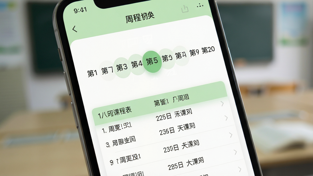 一张展示早八课程表周次切换功能的界面图。画面为手机屏幕特写,屏幕中央显示一个周次选择器,上面有第1周至第20周的滑动条,下方对应显示该周次的课程列表。界面以浅绿色和白色为主色调,周次数字清晰醒目。背景虚化处理,突出手机屏幕内容。整体风格简洁实用,画质细腻。