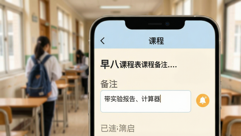 一张展示早八课程表课程备注功能的手机界面图。画面中手机屏幕显示一门课程的详情页,课程名称下方有一个备注输入框,框内写着“带实验报告、计算器”。备注框旁边有一个铃铛图标表示提醒已开启。界面配色柔和,以米白色和淡蓝色为主。背景为模糊的教室走廊场景。整体风格温馨实用,画质清晰。