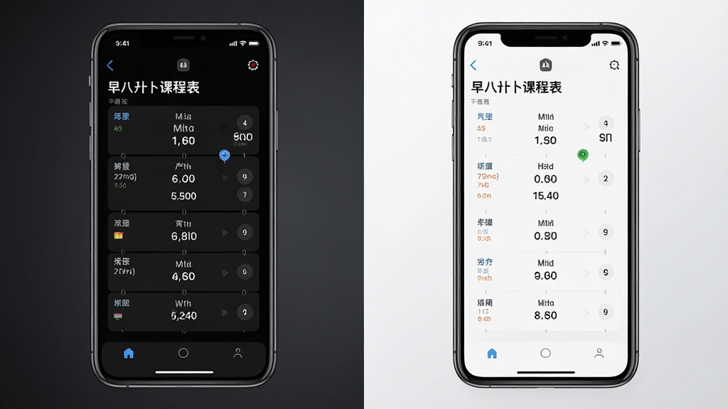 一张展示早八课程表在深色模式与浅色模式下对比的图片。画面左右并排两部手机,左侧手机显示深色主题的课表界面,右侧手机显示浅色主题的课表界面。两部手机屏幕内均展示相同的课程内容,用于对比不同主题下的视觉差异。背景为深灰色渐变。整体风格清晰直观,画质高清,无多余装饰元素。