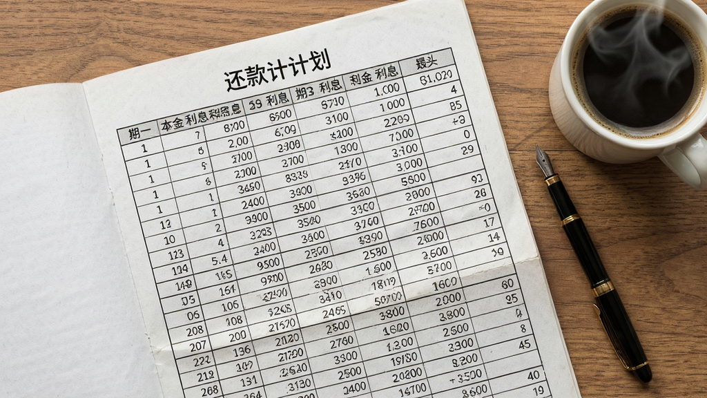 画面展示一张展开的纸质还款计划表,表格中密密麻麻排列着期数、本金、利息等数据列,表格旁边放着一支钢笔和一杯咖啡,背景为木质桌面,布局采用俯视平铺构图,风格为写实办公风,细节上强调纸张的印刷质感和咖啡的热气,画质为高清摄影级,干净整洁,无多余元素