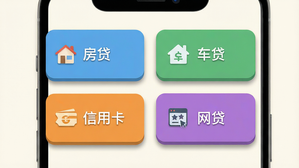 画面展示一部手机屏幕,屏幕上排列着四个不同颜色的卡片式按钮,分别标注着房贷、车贷、信用卡、网贷字样,每个卡片旁边配有一个微缩图标,背景为柔和的米白色,布局采用两行两列的网格排版,风格为清新扁平化设计,细节上注重卡片的阴影和圆角处理,画质为矢量级清晰,干净简洁,无多余元素