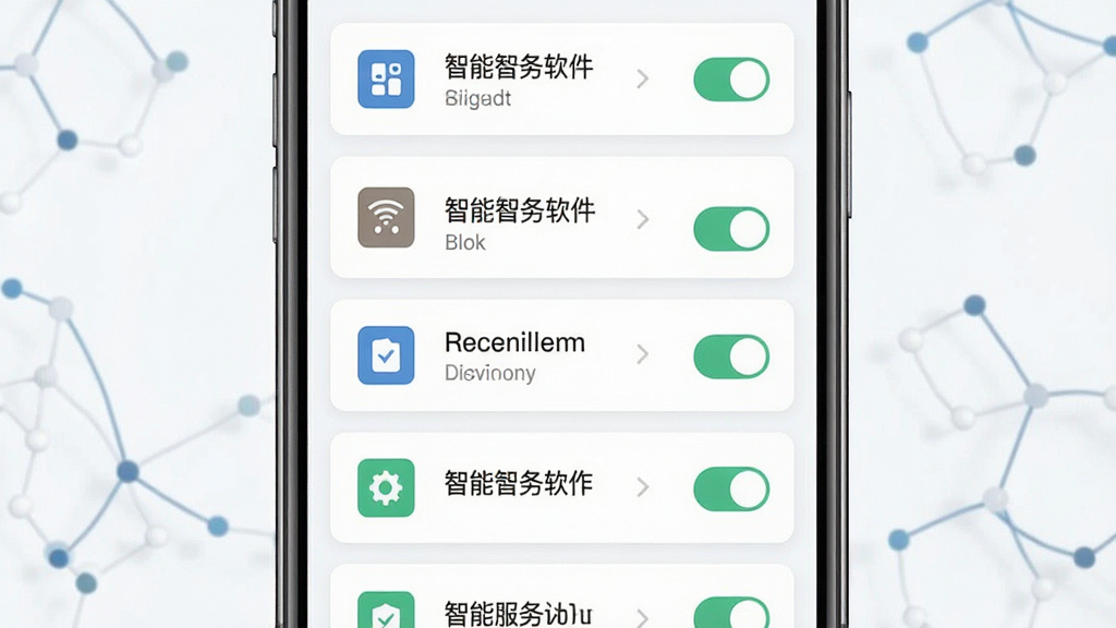 一张展示智能服务软件一站式管控功能的图片,主体为手机屏幕显示多个智能服务模块的卡片式列表,布局为纵向排列,排版整齐,风格为扁平化设计,细节上每个卡片带有图标和开关按钮,画质高清,干净,无多余元素