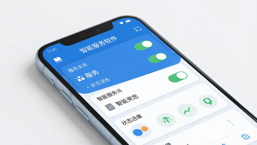 一张展示智能服务软件界面的图片,主体为一部安卓手机屏幕,屏幕上显示智能服务应用的主界面,布局清晰,包含服务开关列表和状态指示图标,排版采用上下结构,风格为现代简约科技风,细节上手机边框圆润,屏幕色彩以蓝白为主,画质高清,干净,无多余元素
