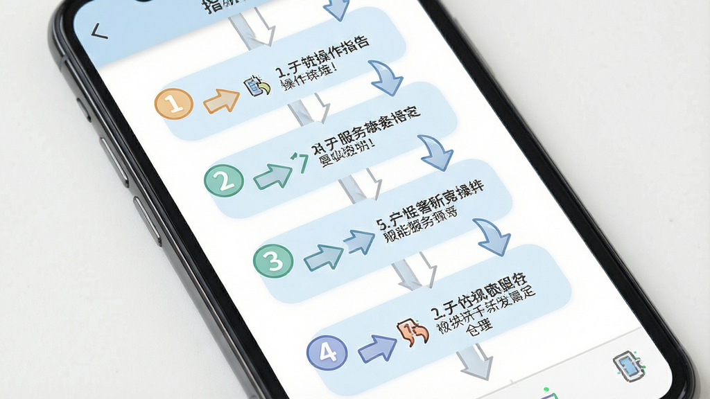 一张展示智能服务软件新手操作指引的图片,主体为手机屏幕显示分步操作图示,布局为纵向步骤条,排版清晰,风格为友好教学风,细节上带有数字序号和箭头指示,画质高清,干净,无多余元素