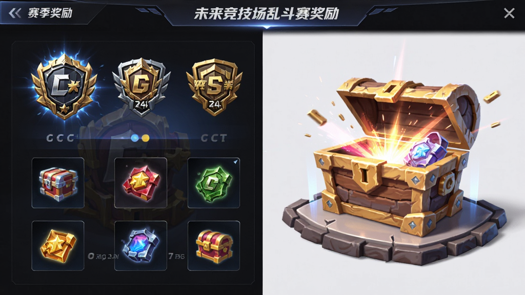 未来竞技场乱斗赛季奖励界面,画面展示段位徽章与奖励宝箱并列摆放,主体是赛季奖励内容,布局为左右分栏,排版规整,风格为华丽竞技风,细节包含发光徽章、宝箱开启特效、奖励物品图标,画质高清,画面干净,无多余元素