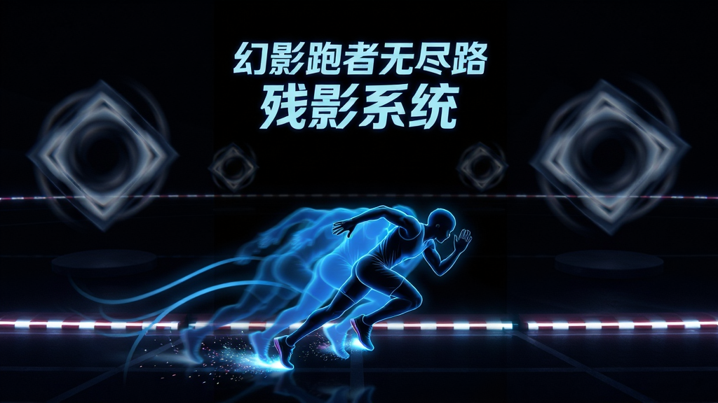 画面主体为一名幻影跑者角色在暗色赛道上高速奔跑,身后拖出三道渐变的蓝色残影,残影中隐约可见运动轨迹的弧线。布局为竖屏构图,跑者位于画面下三分之一处,上方留白展示动态分数。排版采用中心对称方式,风格为高对比度霓虹暗黑风。细节包括赛道边缘的发光灯带、跑者鞋底喷射的粒子流、背景中缓慢旋转的菱形障碍。画质要求4K级清晰、干净、无多余元素,画面中可加入文字“幻影跑者无尽路 残影系统”。