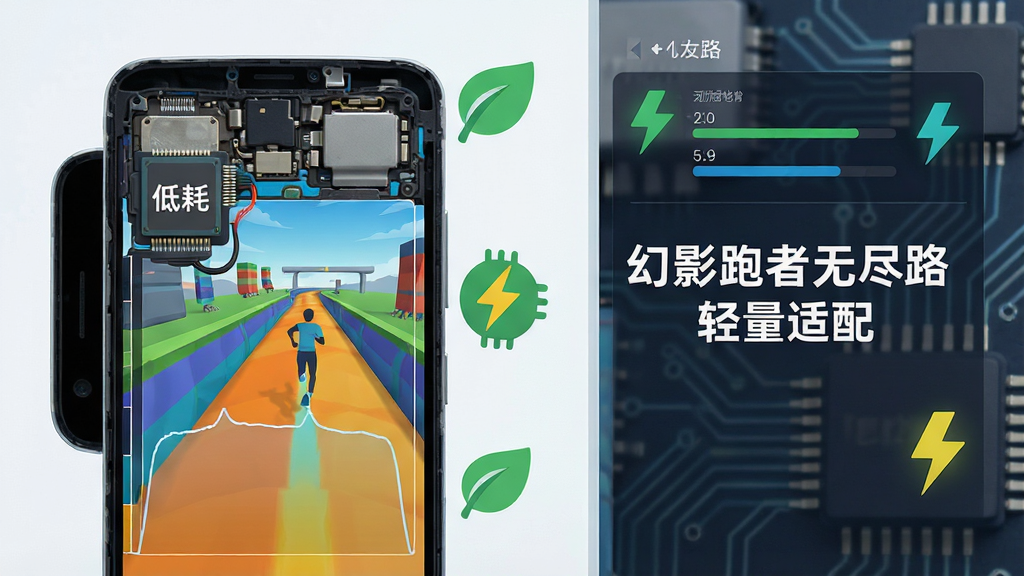 画面展示一部安卓手机横截面内部,手机屏幕中正在运行幻影跑者无尽路的赛道场景,屏幕外环绕着代表低功耗的绿色叶片图标与代表流畅的闪电图标。布局为左右分栏,左侧为手机剖面,右侧为性能数据面板。排版整齐,风格为科技扁平化。细节包括手机内部芯片上的“低耗”字样、屏幕边缘的帧率曲线、背景中的电路纹理。画质要求高清、干净、无多余元素,画面中可加入文字“幻影跑者无尽路 轻量适配”。