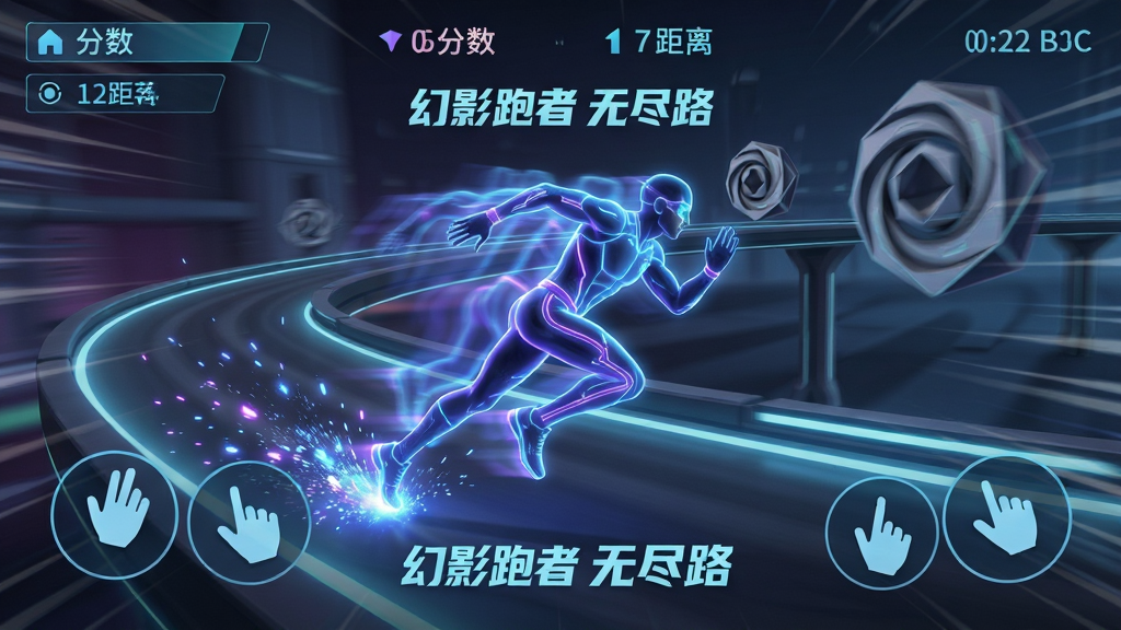 画面中央是一位身穿发光运动服的幻影跑者,正在未来感十足的多轨道悬浮跑道上疾驰,身后拖出蓝紫色残影。布局采用竖版手游界面构图,上方显示分数与距离,下方为滑动手势提示图标。排版简洁明快,风格为赛博朋克霓虹光效。细节包括跑者脚下溅起的能量粒子、远处旋转的几何障碍物、动态模糊的速度线。画质要求高清、干净、无多余元素,画面中可加入文字“幻影跑者无尽路”。