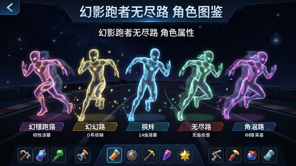 画面为竖版游戏界面截图风格,中央展示五位不同颜色的幻影跑者角色并排站立,每位角色脚下标注其名称与特性,背景为深色星空赛道。布局采用角色展示墙形式,上方标题为“幻影跑者无尽路 角色图鉴”。排版整齐,风格为游戏UI图鉴风。细节包括角色身上的发光线条、残影粒子、底部道具图标栏。画质要求高清、干净、无多余元素,画面中可加入文字“幻影跑者无尽路 角色属性”。