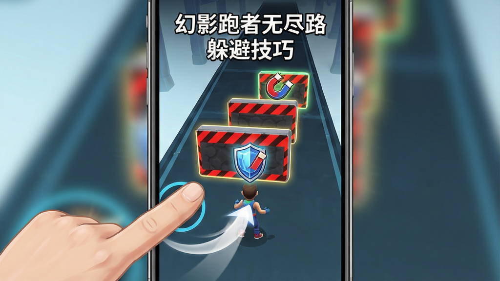 画面为竖版手机游戏操作示意图,展示一根手指在屏幕上向左滑动的轨迹,前方有三个交错排列的障碍物,角色头顶显示护盾图标与磁铁图标。布局为透视视角,赛道从下往上延伸。排版简洁,风格为教学图解风。细节包括手指滑动留下的白色轨迹、障碍物上的红色警示条纹、道具的发光轮廓。画质要求高清、干净、无多余元素,画面中可加入文字“幻影跑者无尽路 躲避技巧”。