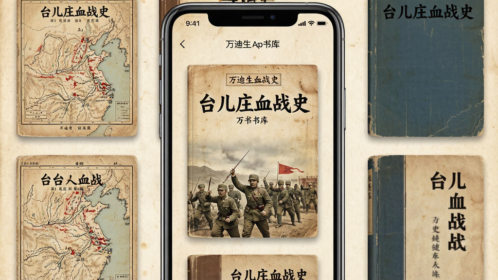 一张展示万迪生App书库页面的预览图,画面主体是手机屏幕,屏幕内排列着多本历史书籍封面,其中《台儿庄血战史》封面位于中央,布局为网格状,风格为复古纸质质感,细节包括书籍封面上的战争地图和标题文字,画质清晰,干净,无多余元素