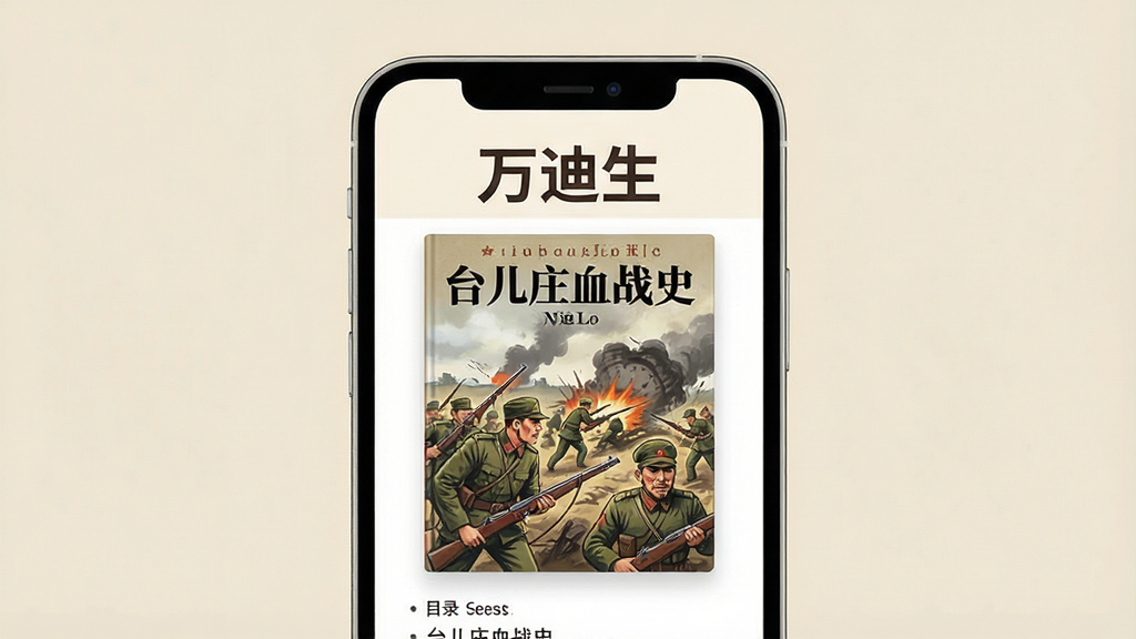 一张展示万迪生App主界面的预览图,画面中央是手机屏幕,屏幕内显示“万迪生”文字标题和《台儿庄血战史》书籍封面,背景为浅米色,布局简洁,风格为现代扁平化设计,细节包括书籍封面上的战争场景插画和目录列表,画质清晰,干净,无多余元素