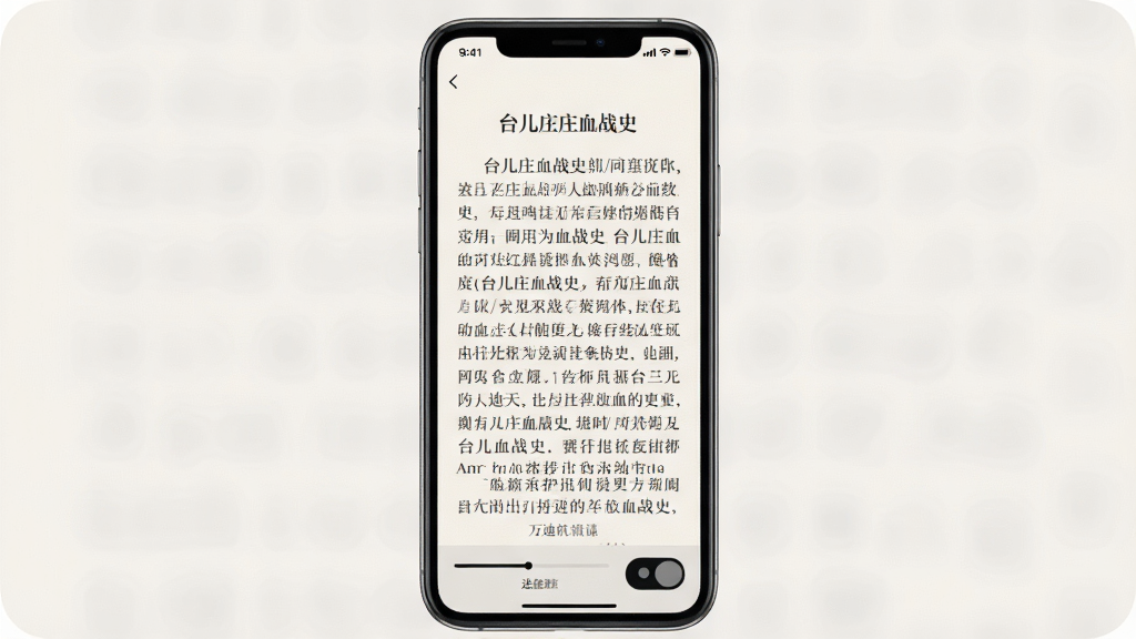 一张展示万迪生App阅读界面的预览图,画面主体是手机屏幕,屏幕内显示《台儿庄血战史》正文内容,文字排版整齐,布局为单栏阅读模式,风格为极简护眼风格,细节包括页面底部的进度条和夜间模式切换按钮,画质清晰,干净,无多余元素
