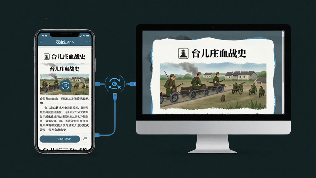 一张展示万迪生App在手机和电脑模拟器上同时运行的预览图,画面主体是手机和电脑屏幕,屏幕内分别显示《台儿庄血战史》阅读界面,布局为左右对比,风格为科技感扁平化,细节包括连接线和同步图标,画质清晰,干净,无多余元素