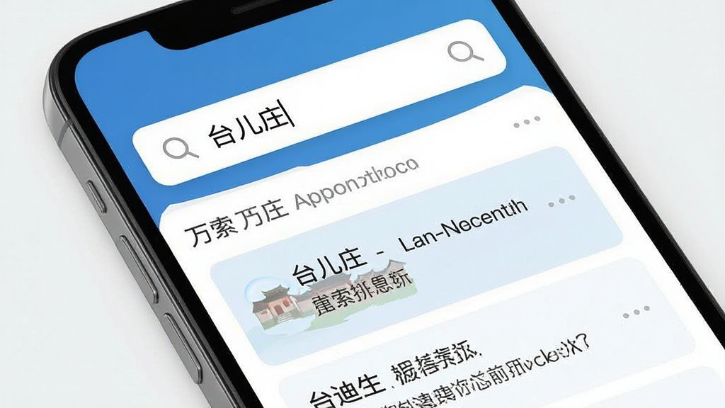 一张展示万迪生App搜索功能的预览图,画面主体是手机屏幕,屏幕内显示搜索框和搜索结果列表,搜索词为“台儿庄”,布局为上下结构,风格为现代简约风格,细节包括搜索框的放大镜图标和结果条目的高亮显示,画质清晰,干净,无多余元素