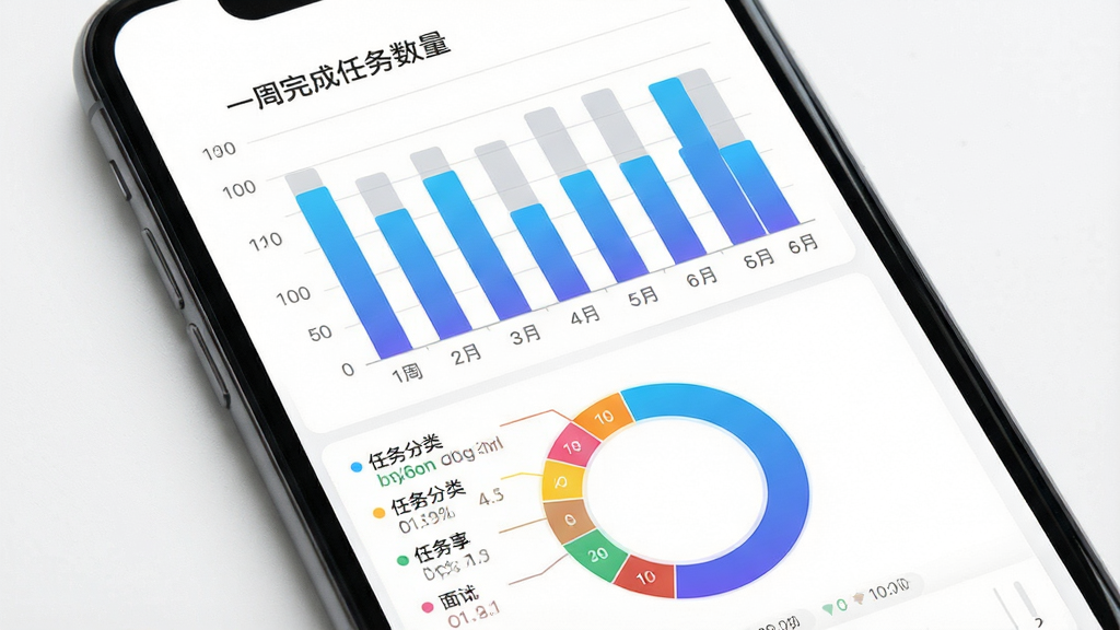 极简待办清单数据统计页面,手机屏幕显示柱状图和环形图,柱状图展示一周完成任务数量,环形图展示任务分类占比,背景为白色,布局为上方图表下方文字总结,风格为现代数据可视化,细节包含蓝色渐变柱条、彩色环形分段、灰色坐标轴,画质高清,干净,无多余元素