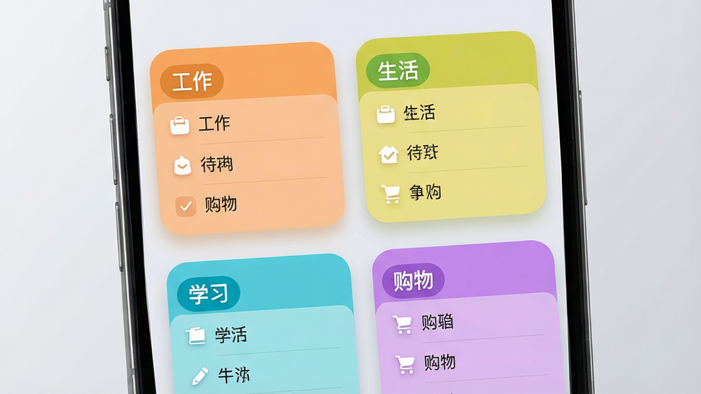 极简待办清单分类管理界面,手机屏幕显示多个彩色分类卡片,卡片上分别标注“工作”“生活”“学习”“购物”,每张卡片内有三条待办事项,背景为浅灰渐变,布局为两列网格排列,风格为柔和圆角卡片设计,细节包含卡片阴影、彩色标签条、白色文字,画质高清,干净,无多余元素