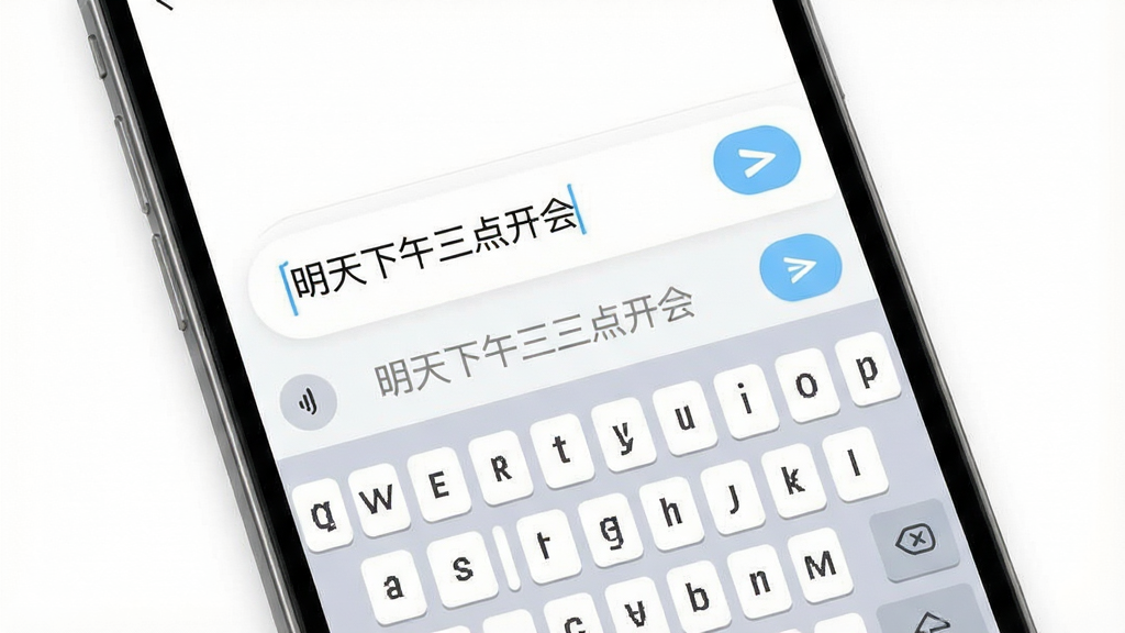 极简待办清单快速记录功能展示,手机屏幕特写,屏幕内显示输入框和键盘,输入框中文字为“明天下午三点开会”,键盘上方有语音图标和发送按钮,背景为纯白,布局为居中展示,风格为写实UI界面,细节包含圆角输入框、浅蓝色发送按钮、灰色占位提示文字,画质高清,干净,无多余元素