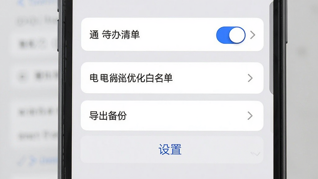 极简待办清单使用教程示意图,手机屏幕显示设置页面,页面中包含通知权限开关、电池优化白名单选项、导出备份按钮,背景为浅灰色,布局为纵向列表排列,风格为系统设置界面风格,细节包含蓝色开关按钮、灰色箭头指示、白色卡片背景,画质高清,干净,无多余元素