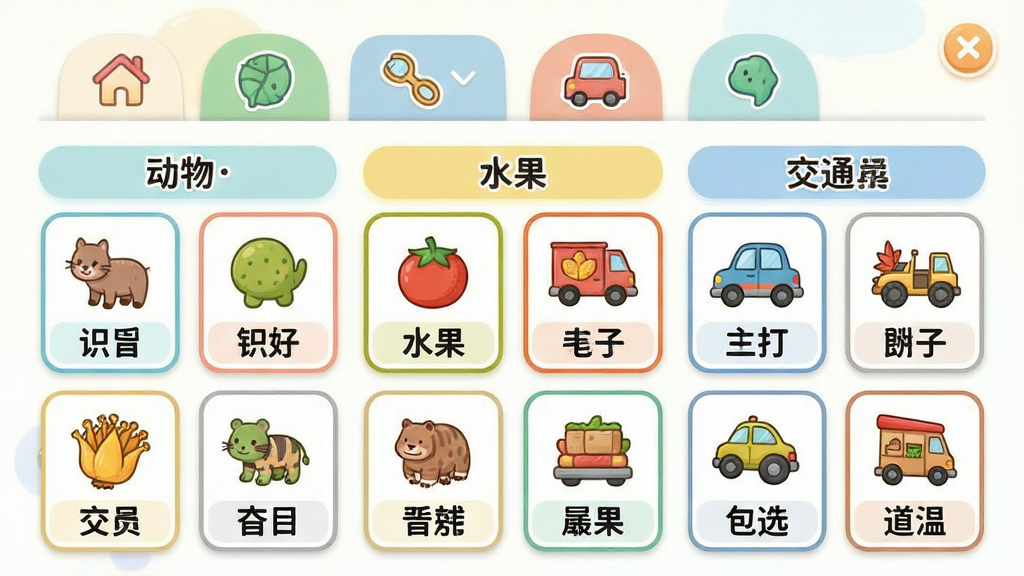 ��ͼʶ���ʶ���ѧϰ���棬����չʾ��������ǩ�綯�ˮ������ͨ���ߵȣ�ÿ�������·������Ŷ�Ӧ��ʶ�ֿ�Ƭ����ͼ����Ƭ����������ͼƬ�ͺ��ֱ�ע��������ÿ�Ƭʽ���񲼾֣���ɫ������ͣ����Ϊ��ͯ����Ӧ�ã�ϸ�ڰ�������ͼ��Ϳ�Ƭ����Ч�������ʸ��壬����ɾ����࣬�޶���Ԫ��