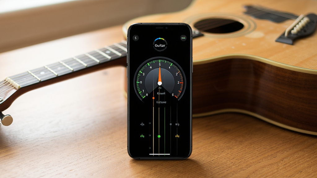 һ��չʾGuitar����У�������������ͼƬ�������������һ�������ֻ����ֻ���Ļ����ʾ�ż�����������ָ����̺�����ָʾ������Ϊ��ů��ľɫ���棬���Ϸ���һ��ԭ�����������������Ȼ�����������ִ���ϸ�����������ʸɾ����޶���Ԫ��