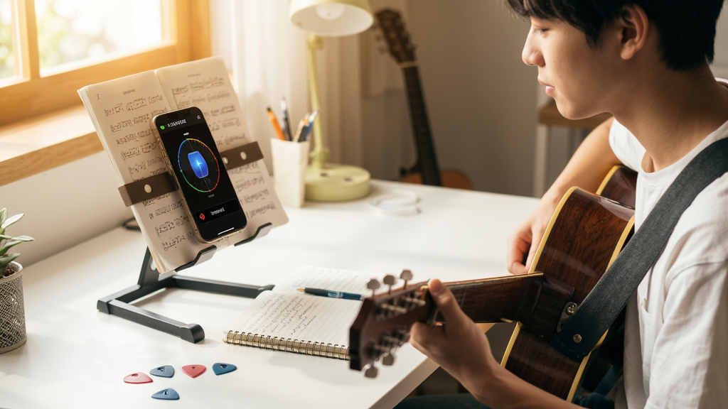 Guitar����У��������ʹ�ó���ͼ��������һλ��������������ǰ���ֳּ������ֻ������׼�����ʾ���������棬�������࣬�бʼǱ��Ͳ�Ƭ������������ů����������ϸ����Ȼ�������������޶���Ԫ��