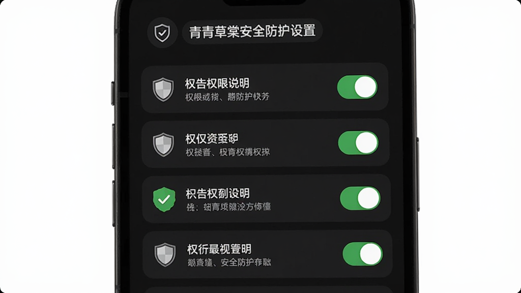 主体为青青草棠安全防护设置页面,布局为手机屏幕展示权限开关列表,排版为分组式设置项,风格为深色护眼模式,细节包括盾牌图标、绿色对勾、权限说明文字,画质高清,干净,无多余元素