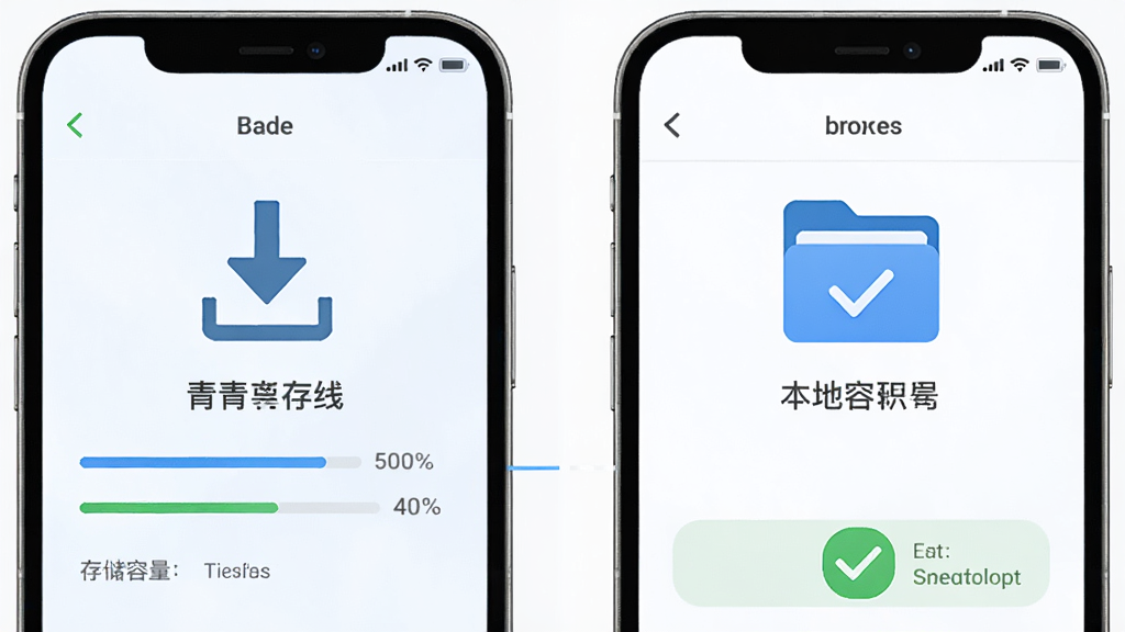 主体为青青草棠离线缓存功能示意图,布局为手机屏幕显示下载箭头与本地文件夹图标,排版为左右对比结构,风格为科技感浅色系,细节包括进度条、存储容量提示、完成勾选标记,画质高清,干净,无多余元素