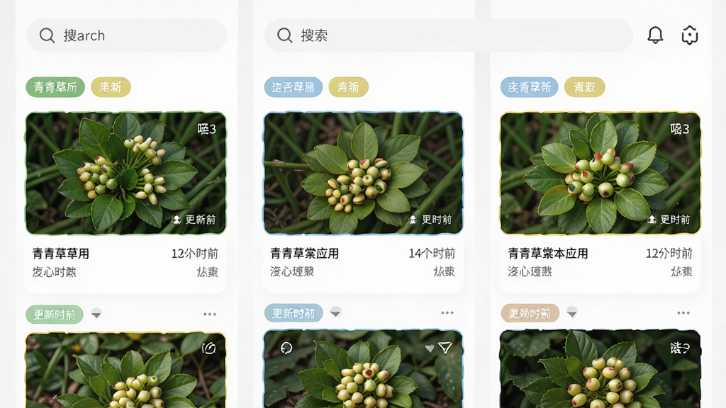 主体为青青草棠应用内多板块聚合界面,布局为三列卡片式排列,排版为顶部搜索栏加内容流,风格为现代扁平化设计,细节包括分类标签、缩略图、更新时间标识,画质清晰,干净,无多余元素