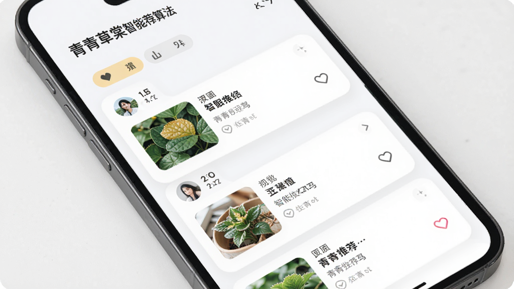 主体为青青草棠智能推荐算法界面,布局为手机屏幕中显示个性化内容列表,排版为纵向信息流,风格为柔和圆角卡片风,细节包括推荐标签、用户头像、点赞图标,画质清晰,干净,无多余元素