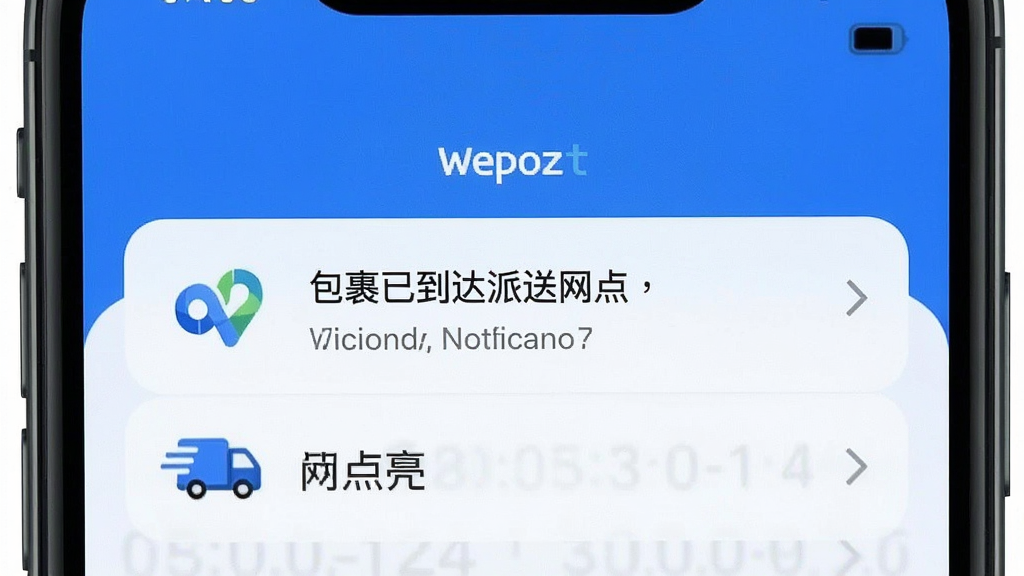 一张展示Wepozt应用推送通知功能的图片,手机屏幕上方弹出物流状态更新提示,内容为包裹已到达派送网点,背景为白色简洁风格,画质清晰,干净无多余元素